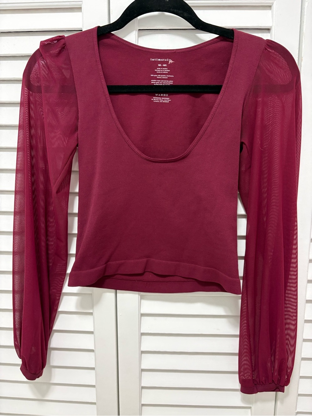 Burgundy Scoop-Neck Mesh-Sleeve Top